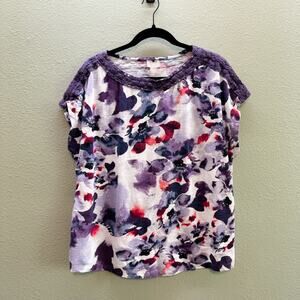 Chico's Purple + White Floral Print Lace Trim Short Sleeve Tee - Size 3 or XL